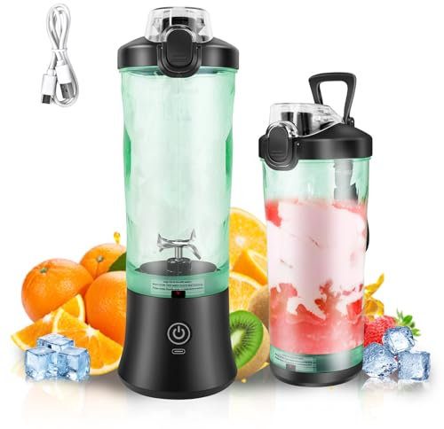 Portable Blender with 600ML Cup, 6 Blades, Leakproof Lid & Sip Spout, Powerful Cordless Mini Blender, Rechargeable, Portable Smoothies, Food Blenders and Liquidisers, 9.5 x 9.5 x 29cm, Black