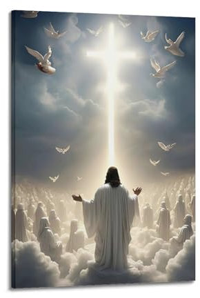 Christliches Poster Jesus in den Wolken mit Kreuz und Tauben, religiöse Illustration, exquisites modernes Familien-dekoratives Gemälde für Wohnzimmer, Schlafzimmer, Leinwand, Wandkunstdruck, Bild, 40