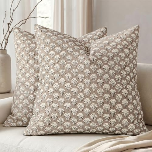 MIULEE Set of 2 Decorative Floral Pillow Covers Neutral Vintage Throw Pillows Block Print Boho Farmhouse Cushion Covers for Modern Spring Home Decor Couch Sofa Bed Living Room, 20x20 Inch, Light Taupe
