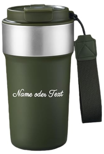 loongway Thermobecher Personalisiert mit Name Edelstahl 510 ml | Trageband für Hand & Rucksack | Trinköffnung, Becherrand & Strohhalm | Heiß/kalt mobil | Präsent für Familie & Lehrer