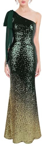 Angel-fashions Damen Asymmetrisch Band Allmählich Paillette Meerjungfrau Lange Ballkleid (XL, Grün Gold)