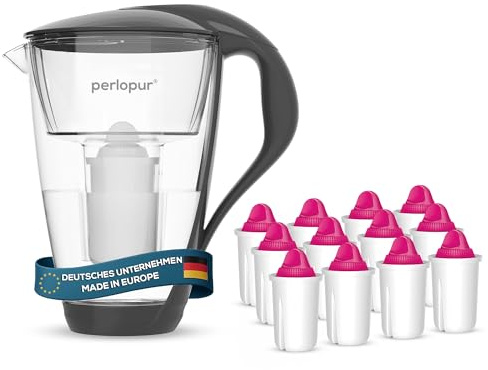 perlopur® Glas-Wasserfilter (anthrazit) +12 Filterkartuschen Aquamag | Borosilikatglas, 2 l gesamt, 1 l gefiltert, LED-Anzeige, für classic Kartuschen, Magnesium-Zugabe, ideal für Kaltgetränke