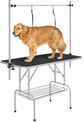 Yaheetech Mesa de Peluquería Mesa Peluqueria Canina para Mascotas Grande 118x60x177cm Plegable Mesa de Aseo para Perro Canina Altura Ajustable Negra