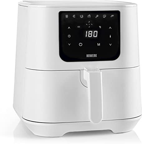 N8WERK Heißluftfritteuse in der Moonlight White Edition | Kombination aus Heißluftofen, Grill & Fritteuse | Fettarme Zubereitung der Speisen | Digitales Display | 7 Programme | 5,5 L Korb | 1800 Watt