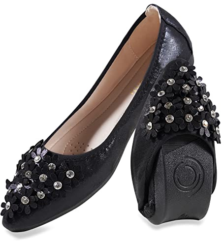 MACHSWON Ballet Flats for Women Comfortable Women's Flats Sparkly Flower Rhinestone Slip on Pointed Toe Flats Shoes Women