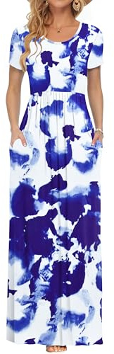 AUSELILY Maxi Dress for Women - Summer Casual Long Dresses for Ladies with Pockets XL Flowers Blue White