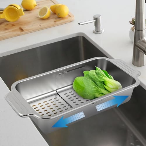 KEESUNG Escurreplatos extensible para fregadero, cesta de colador extensible de acero inoxidable, colador de cocina, colador de pasta, cesta de colador, cesta de frutas y verduras, escurridor de pasta