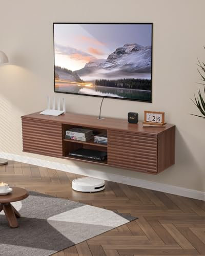 VEVOR Floating TV Stand, 60 Wall Mount Entertainment Center with Adjustable Shelf & Sliding Doors, 2 Tiers Floating TV Shelf with Storage Cabinet for DVD Player, Cable Box, Game Console, Walnut