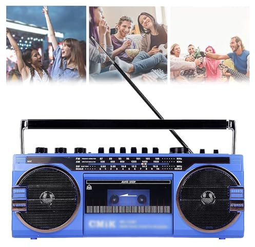 Radiocasete retro de CD de los 80 con radio AM/FM y reproductor de casetes - Sonido estéreo portátil | Recepción de señal potente | Reproducción y grabación USB/SD | Entrada para auriculares,Blue