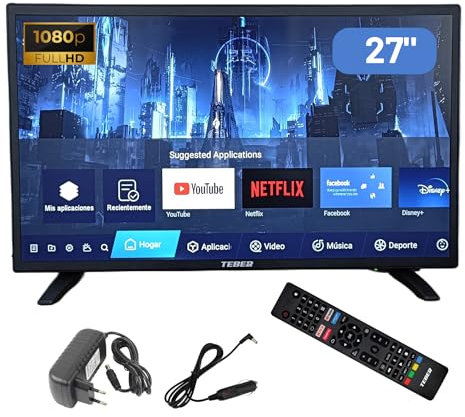 TEBER. Smart TV de 27 Pulgadas -12v/24v/230v - Android 11- Full HD. Mando por Voz. Gran resolución 1920x1080. DVB-S2/C/T2/T. para autocaravanas, cocinas, dormitorios, Campers, Barcos, Camiones (27).
