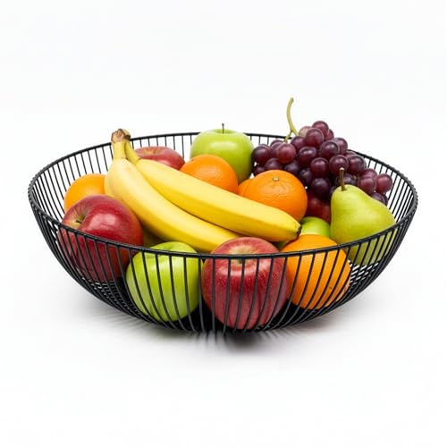 Relaxdays Obstschale Metall, runder Obstkorb, HxD: 8 x 28 cm, Drahtkorb für Früchte, Gemüse & Brötchen, modern, schwarz