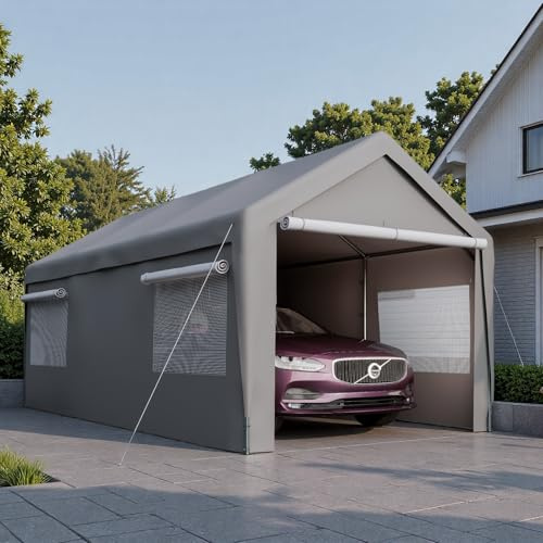 Trygoal 10x20 FT Heavy Duty Carport, Outdoor Storage Shed Tent with Removable Sidewalls & Roll-Up Ventilated Windows, All-Season Portable Garage Shelter with Rubber Ropes & Ground Anchors, Grey