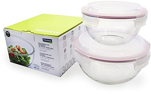 Glasslock Salatschüssel rund, 2er-Set (1000 ml, 2000 ml) aus gehärtetem Glas mit Clipverschluss-Deckel luftdicht für Mikrowelle Spülmaschine Tiefkühler BPA-frei Bowle Hefeteig