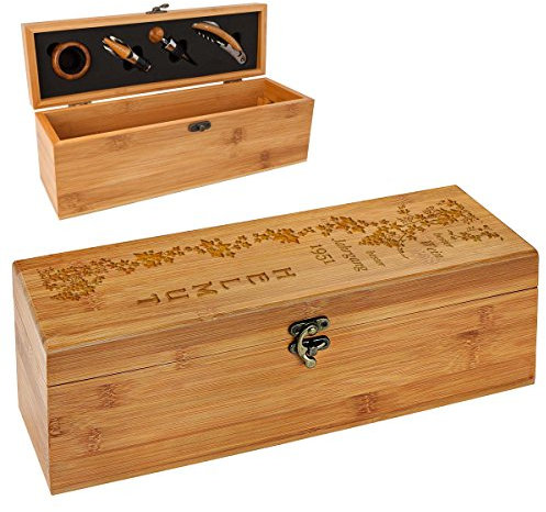 polar-effekt Personalisierte Holzbox mit Gravur - 5-teiliges Sommelier Set - Bambus Geschenkbox für Weinflasche - Weinkiste Geschenk zum Geburtstag - Motiv des Weins Bester Jahrgang