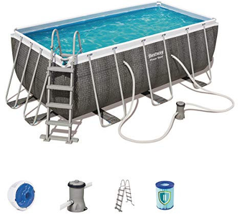 Bestway 56722 | Power Steel - Piscina Fuori Terra Rettangolare, 412X201X122 cm, Scaletta Di Sicurezza E Dosatore Chimico Chemconnect, Effetto Rattan Grigio