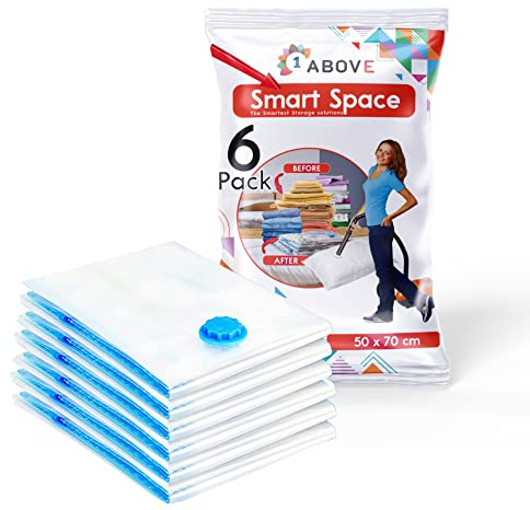 1ABOVE Pack of 6 Vacuum Compressed Storage Bags, Mould Moisture and Bug Proof, Double Zip High Sealing Triple Air Leak Patent Valve for Maximum Compression (MEDIUM)