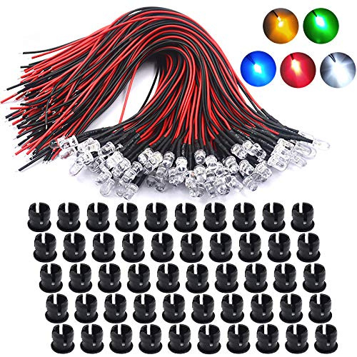 Lewttyer 50 st förkopplade mini-LED-lampor 5 mm DC 12 V set, LED-lampa, modellbygge, belysning, flerfärgad vit, röd, blå, grön, gul