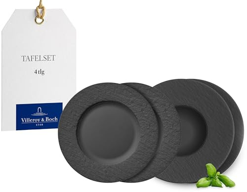 Villeroy & Boch – Manufacture Rock Teller-Set, 4 Tlg., Geschirr Set Für 2 Personen, Premium Porzellan, Schwarz