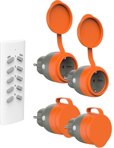 UCOMEN Funksteckdosen mit Fernbedienung Outdoor, TÜV-zertifiziert, Funk Steckdosen außen IP44, Reichweite 30m, Programmierbar Funkschalter Set für Hinterhof oder Garten,16A/3680W, 4er Pack