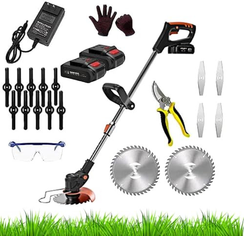 Decespugliatore A Batteria Tagliabordi Elettrico Asta Regolabile Senza Fili Con Lame Metalliche 2 Batterie Testa Rotante Regolabile a 90° Tagliaerba Rasaerba 24V Con Occhiali E Guanti