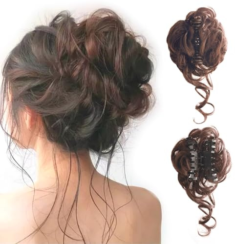 XQMMGO Haarteile Dutt mit Klammer Lockig, Gelockt Dutt Haarteil Mit Haaren Hochsteckfrisuren, Messy Bun Haar Scrunchies Haardutt Haarteile für Damen (Hellbraun)