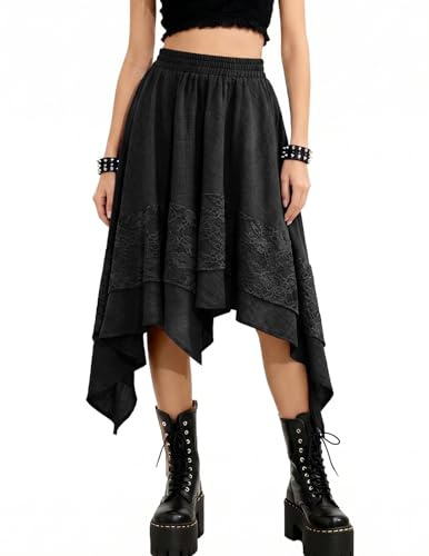 Bridesmay Gonna rinascimentale da donna in pizzo fluido, asimmetrica, gonna midi da fata, nero, M