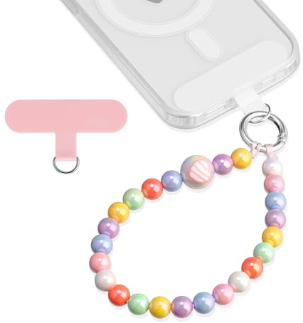 Qyoocom Pendentif pour téléphone portable, chaîne de téléphone portable, perles multicolores courtes, cordon universel amovible, convient pour tous les smartphones avec 2 patchs