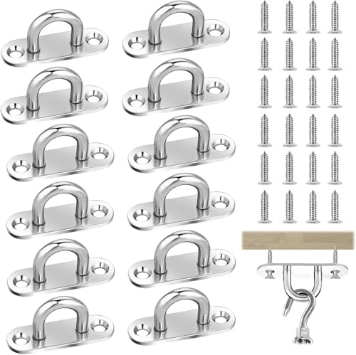12 Pcs Stainless Steel Pad Eye Plate Metal Heavy Duty U-Shaped Ceiling Hook | Eyes Plates Pads with 2 Holes & Screws, Suspension Staple Ring Hardware Hooks, for Wall Ceilings Rope Loop Hanging Marine