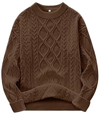 ANRABESS Women Oversized Chunky Cable Knitted Vintage Sweater 2025 Fall Winter Outfits Brown Medium
