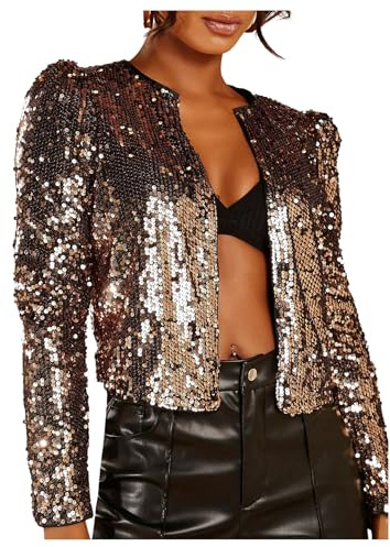 SweatyRocks Women's Sequin Jackets 2025 Fall Glitter Shiny Party Sparkly Bomber Jacket Bronze S