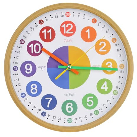 BAKBRAND Kids Wall Clock Telling Time Silent Non-Ticking Learning Clock Colorful Teaching Wall Clocks Round Plastic Analog Educational Decor Clock for Classroom, Playroom, Bedroom (EDU1-Wood, 10 inch)