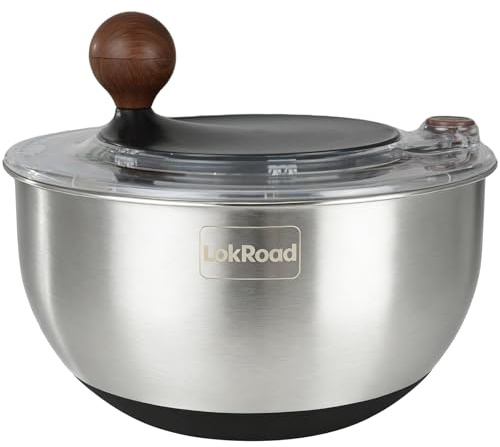 LokRoad Stainless Steel Salad Spinner, 5.3 Qt Large Lettuce & Vegetable Cleaner with Non-Slip Bottom, Quick Stop Button, Dishwasher Safe Fruit Washer, BPA-free, Black
