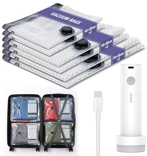 Vacuum Storage Bags with Electric Air Pump, 6 Pcs Reusable Space Saver Bags (2 Small, 2 Medium, 2 Large), One-Click Auto Vacuum Sealer Bags for Clothes, Bedding, Travel & Home Organization