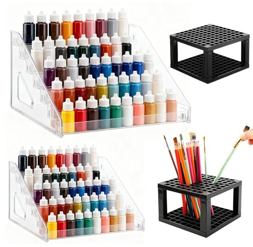 2 Pcs 7-Layer Acrylic Clear Paint Organizer with 2 Pcs Paint Brush Holder - Paint Racks for Model paints & Craft Storage Box, Paint Bottle Rack & Paint Storage Box (Transparent)