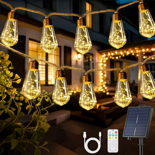 Giliwosy Solar String Lights Outdoor Garden, 10m/16 LED Dimmable Garden Hanging Light Bulbs with Remote Control 1200mAh Battery Fairy Light IP66 Rope Light with 8 Mode & Timer for Patio Party Decor