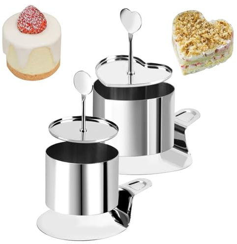 MKNZOME 2 Pezzi Coppapasta Tondi in Acciaio Inox, Stampo per Mousse Rotondo e Cuore, Stampo per Dessert con Pressa e Spatola, 7,5 cm Anelli per Torte Antiaderenti per Mousse Torte Dessert