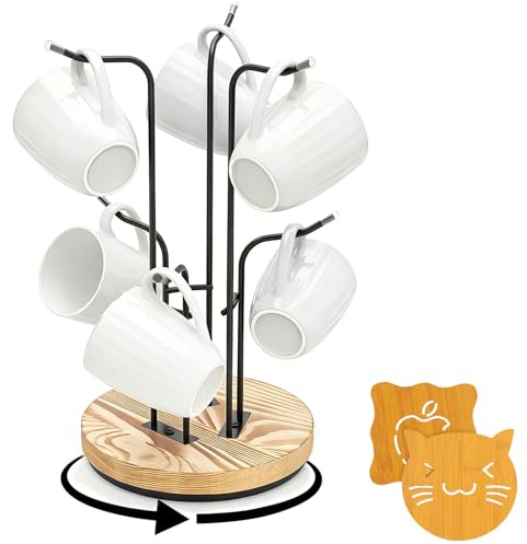 Mug Tree 6 Mugs - 360° Rotating Wooden Base Mug Stand with 2 Wooden Cup Pads, Kitchen Counter Coffee Cup Holder for Storage, Mugs Storage Rack for Kitchen Coffee Bar, Funny Gifts for Friend, Family