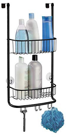 iDesign Organizador de ducha para colgar, pequeña estantería colgante de metal con 2 baldas y 3 ganchos dobles, cesta de ducha para la cabina de ducha, negro