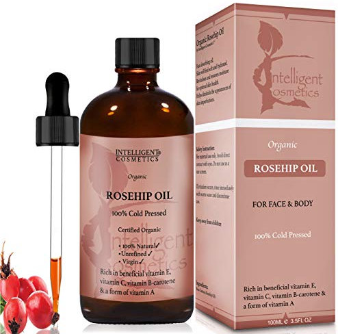 Bio-Hundrosenöl Rosehip oil Bio Hagebuttenkernöl, Rosa Canina 100% reines kalt gepresst und zertifiziertes organic, für Gesicht und Haut, Glass Bottle
