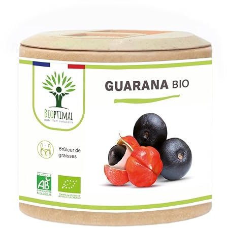 Guarana Bio - Bioptimal - Complément alimentaire - Brûle Graisse Minceur Énergie - 40mg de Caféine/jour - 250mg de Poudre de Guarana Pur/Gélule - Fabriqué en France - Certifié Ecocert - en gélules