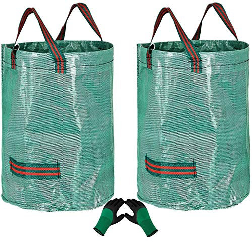 YAAVAAW 2 Pezzi Sacchi Giardinaggio Grandi 300L e 1 Guanto da Giardino,Sacchi Spazzatura Grandi con Maniglie Riutilizzabili,Sacco per Macerie Raccogli Foglie da Giardino,Big Bag Resistenti