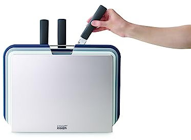 Joseph Joseph Nest 6 Piece Knife and Chopping Board Set, Stainless steel Kitchen knives and colour coded boards in compact storage stand, Grey