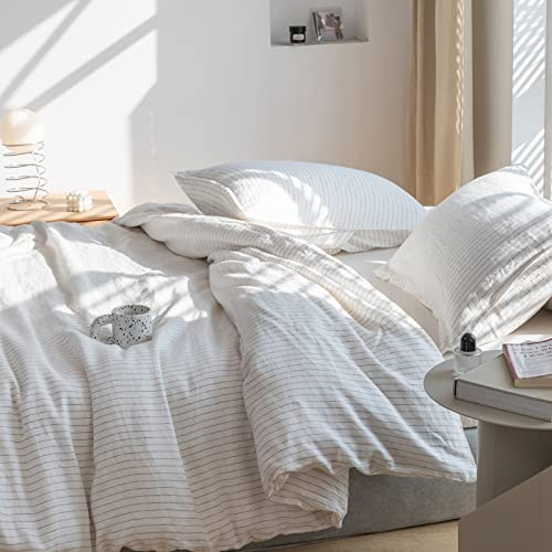 Simple&Opulence 100% Pure Linen Duvet Cover Set, 3Pcs Striped Washed Natural Flax Bedding Set with Button Closure, Soft Breathable Durable Farmhouse-1 Duvet Cover&2 Pillowshams (Queen, Grey Stripe)