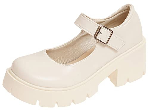 rismart Plattform Mary Jane tjock klack rund tå ankelrem Lolita-skor, BEIgE, 42 EU