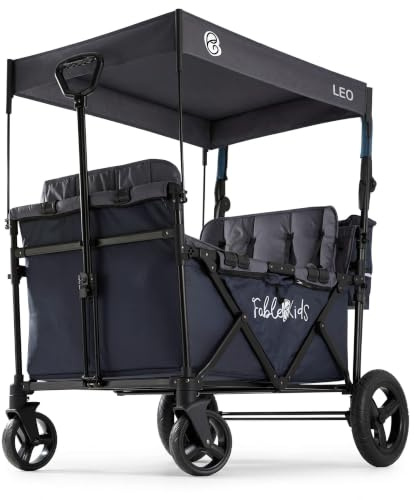 FableKids Bollerwagen Leo X4Plus mit Dach | 4 Sitzplätze | Faltbarer Transportwagen | XXL-Hecktasche | 4X 5-Punkt-Gurt | 360° Offroad Räder | Fußbremse | Oxford 600D | Belüftungsnetze| Blueberry Blue