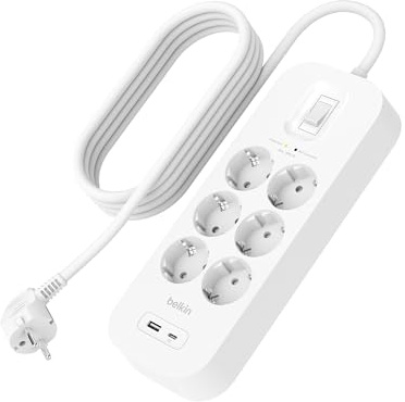 Belkin grenuttag överspänningsskydd med sex eluttag, för väggmontering med sex eluttag, 2 m strömsladd och grön indikeringslampa - USB-C och USB-A port med USB-C PD snabbladdning - 650 Joule skydd