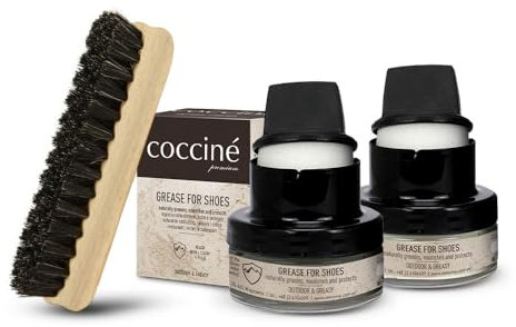 Coccine - Schuhputzsets, 2 Fettcremes (Schwarz und Farblos), 1 Schuhbürste, Schuhpflegeset für Narbenleder, Erhöht Kraft und Flexibilität, Schützt vor Feuchtigkeit