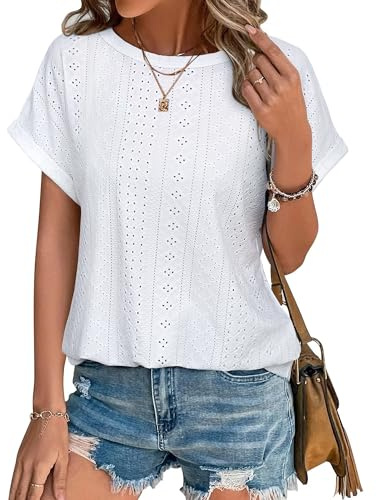 Bodhi talk Damen Bluse Sommer Elegant Kurzarm Atmungsaktiv Loch Locker Rundkragen Leicht Casual