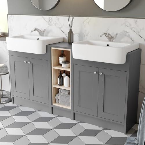 BAYSTONE® 1540mm Bathroom Double Vanity Unit Semi-Recessed Basin Sink Shelf Unit Storage Cabinet Cupboard Freestanding, Wash Basins, Matt Grey