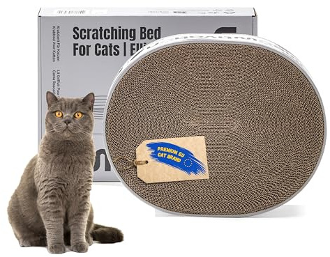 Klösbädd för katter – premium oval klösbräda 42 cm av 100% återvunnen wellpapp, kattbädd med naturlig kattmynta, robust tillbehör för kattungar och medelstora katter, skyddar möbler